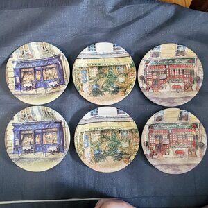 Set Of 6 Cider House Round Ceramic Plates With French Bistro Designs